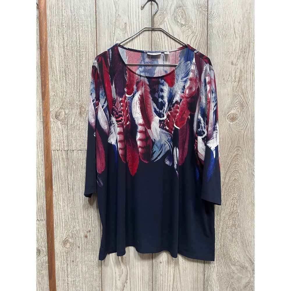 Susan Graver Liquid Knit Feather Print Tunic Top Navy Red Women Plus Size 2X